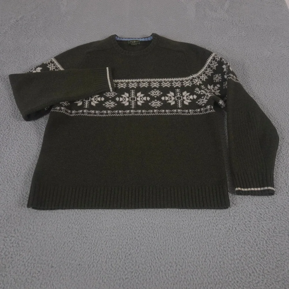 VINTAGE Eddie Bauer Sweater Men XL Tall Green Nordic Lambswool Fair Isle Y2K 90s - Picture 2 of 9